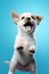 Obraz premium An energetic puppy character with a wagging tail pointing to the side, on a sky-blue studio background