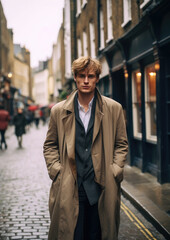 young handsome man in a coat on the street of a European city in autumn, guy, boy, model, London, business, portrait, successful, confident, gentleman, sir, stylish clothes, fashion, beauty, suit