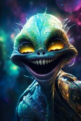 An expressive alien character with bright colors and an enchanting smile, floating in a virtual galaxy