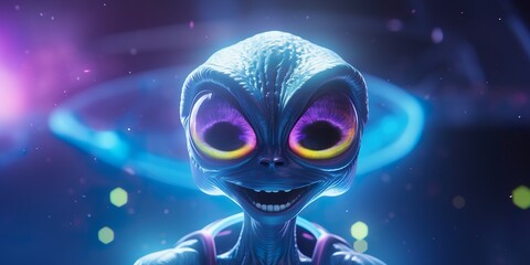 An expressive alien character with bright colors and an enchanting smile, floating in a virtual galaxy