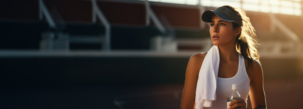 A tennis player wiping sweat with a towel and drinking from a sports water bottle during a match break the concept of hydration 