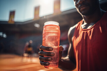A basketball player grabbing a sports drink on the court sidelines the concept of hydration  - obrazy, fototapety, plakaty