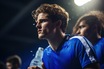 A soccer player taking a quick gulp from a squeeze bottle during halftime the concept of hydration  - obrazy, fototapety, plakaty