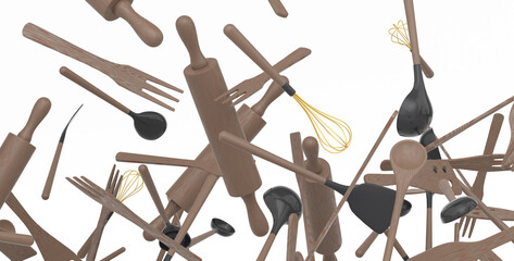 Many of flying kitchen utensils, tools and equipment on white background. - obrazy, fototapety, plakaty