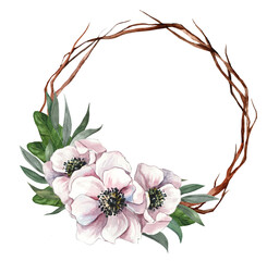 Floral round wreath of anemones. Hand drawn winter and spring bouquet with delicate pink flowers and leaves for design of greeting cards, wedding invitations, decor on white background