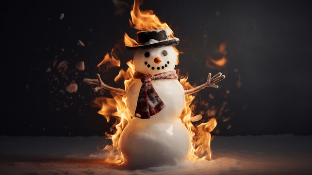 Snowman in flames melting down, copy space for text