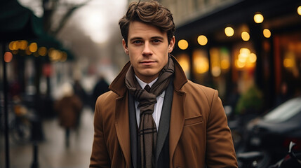 Fototapeta premium young handsome man in a coat on the street of a European city in autumn, guy, boy, model, London, business, portrait, successful, confident, gentleman, sir, stylish clothes, fashion, beauty, suit