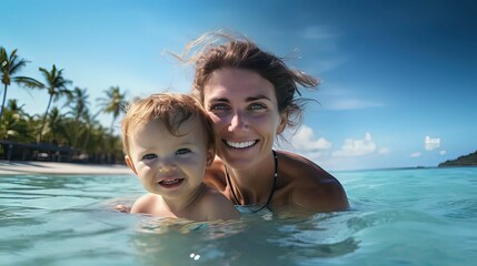 Fototapeta na wymiar Horizontal AI illustration. mother teaching her toddler child to swim in the sea. Vacation concept.