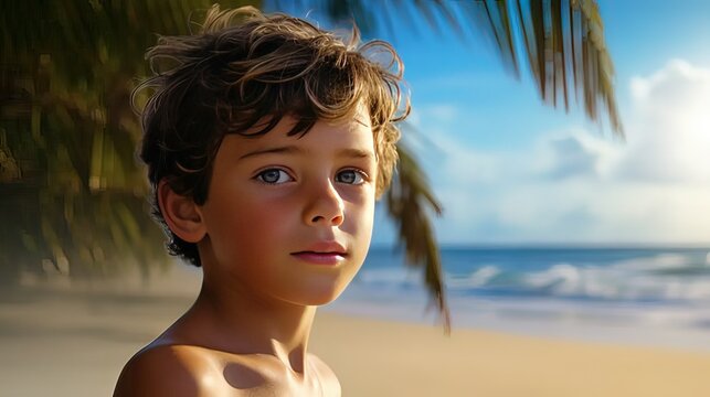 Horizontal AI illustration. Caucasian elementary child boy, on a tropical beach. Landscapes, nature.