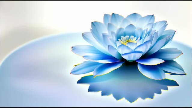 translucent blue lotus flower gently floating on a water surface with smooth curves. The reflection of light softly touches the edges of the petals, creating a mystical and peaceful atmosphere. 
