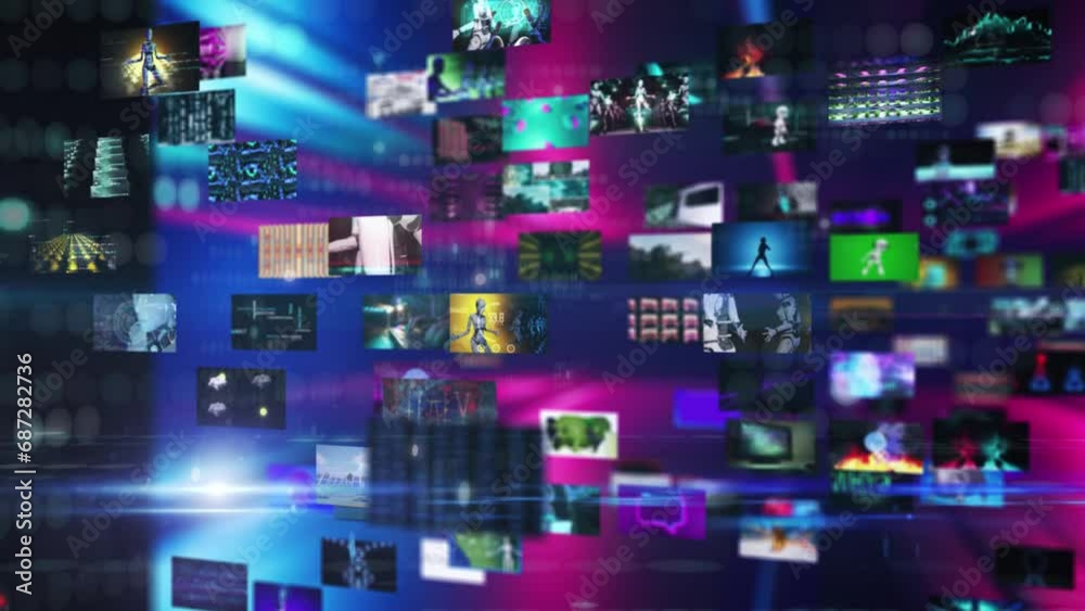 Wall mural collage video animation of modern video technology or abstract footage. optical flare glowing in blu
