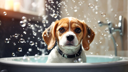 Cute funny   Beagle puppy bathes in a basin in the bathroom adorable