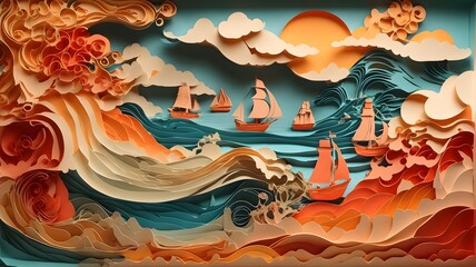 Create a paper art ocean landscape. Fairytale cut paper collage .