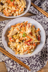 Fried chicken with rice and vegetables.