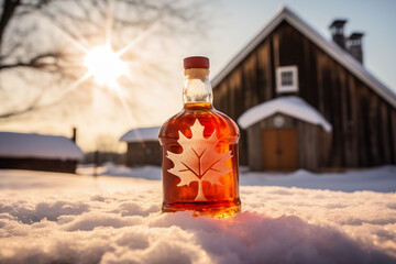Bottle of maple syrup on the last snow with the sugar shack in the distance. - obrazy, fototapety, plakaty
