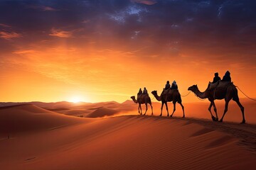 Fototapeta na wymiar A camel caravan against the backdrop of the golden sand