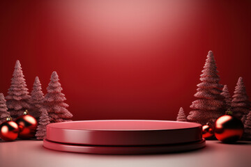 Vivid Carmine Red Christmas Background with a Lacquered Oak Podium Mockup 