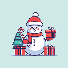 flat Snowman with with gifts and tree vector illustrations on a white background