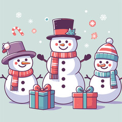 flat Snowman with with gifts and tree vector illustrations on a white background
