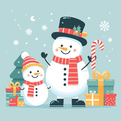 flat Snowman with with gifts and tree vector illustrations on a white background