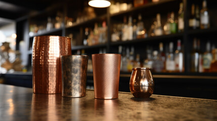 Fototapeta na wymiar Classic marble bar counter with copper shakers and glassware