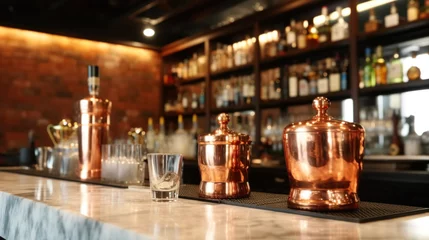 Foto op Plexiglas Classic marble bar counter with copper shakers and glassware © Kondor83