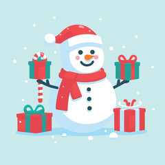 flat Snowman with with gifts and tree vector illustrations on a white background
