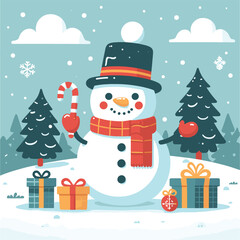 flat Snowman with with gifts and tree vector illustrations on a white background