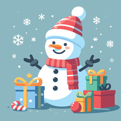 flat Snowman with with gifts and tree vector illustrations on a white background