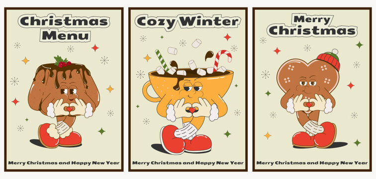 set of cute cartoon posters with Christmas characters: gingerbread cookies, cupcake, cocoa with sweets. Groovy vector illustration in retro style of the 60s-70s. Festive print, stickers, cafe menu.