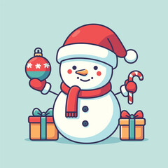 flat Snowman with with gifts and tree vector illustrations on a white background