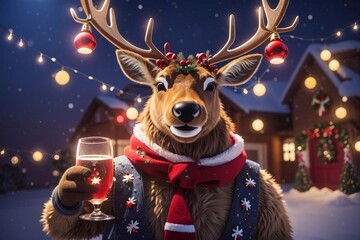 Funny cute Christmas deer, with lights on his horns, drinking in the snowy winter evening, comic character, christmas reindeer, Christmas card design