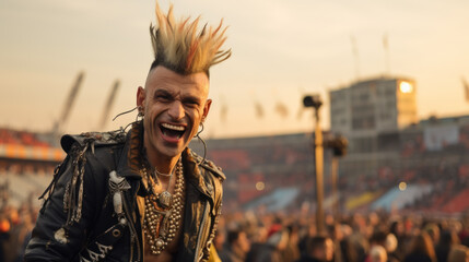 Young happy punk with mohawk hairstyle, open air music festival - obrazy, fototapety, plakaty