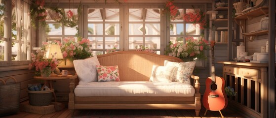 Fototapeta premium Cozy wooden countryside house interior with comfortable sofa, floral cushions, acoustic guitar, and sunlit window sills adorned with blooming flowers. Rustic home decor and relaxation.
