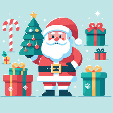 flat Santa with with gifts and tree vector illustrations on white background