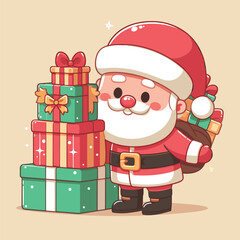 flat Santa with with gifts and tree vector illustrations on white background