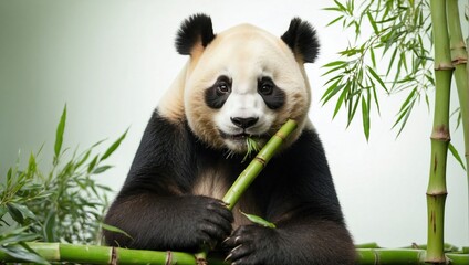 Obraz premium Giant panda sitting and eating bamboo, its distinctive black and white coloring contrasting with the green bamboo and light background.