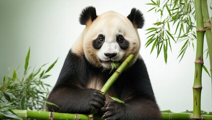Giant panda sitting and eating bamboo, its distinctive black and white coloring contrasting with...