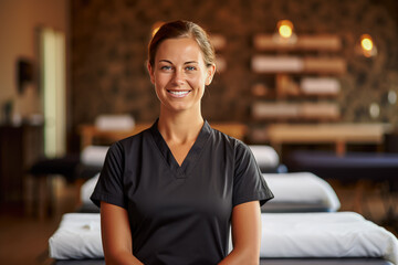 Portrait of smiling female masseur standing with arms crossed in spa salon