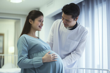 Happy joyful asian pregnant woman in a maternity modern hospital. Gynecological services for pregnant women, pregnancy planning center, medical services. - obrazy, fototapety, plakaty