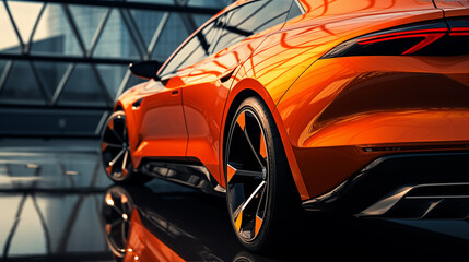 modern orange sports car close-up with reflective surface and blurred architectural background