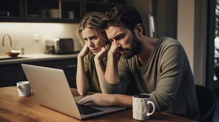concerned couple reviewing finances on a laptop in a modern kitchen