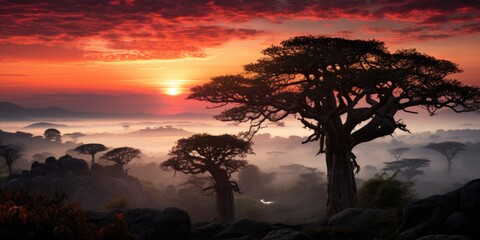 sunset in the serengeti country, Landscape of Baobab trees near a lake - obrazy, fototapety, plakaty