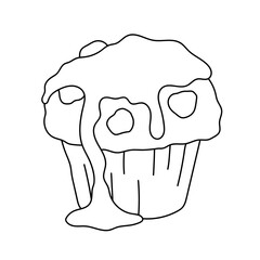Chocolate cupcake with sauce. Coloring book for children and adults. Vector black and white illustration.