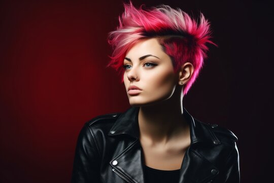 Pink-Haired Woman in Leather Jacket
