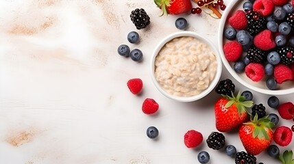 Healthy oatmeal with fresh berries on rustic wood