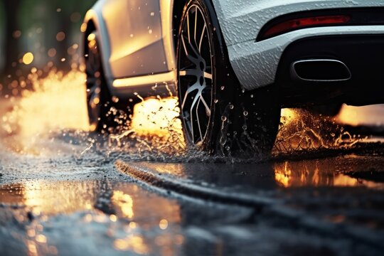 Car Driving Through Rain Puddles
