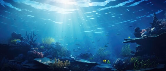 Fototapeta na wymiar Underwater seascape with sunbeams and marine life. Ocean exploration and beauty.