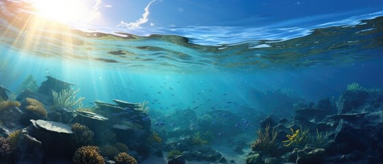 Underwater coral reef landscape with tropical fish, sunlight and ocean waves. Marine life and ecology.