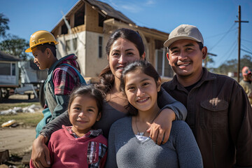 Happy Mexican, Latino, Indian family in front of their house, home, real estate. Homeowners, renters, mom, dad, kids, children, blended families, diverse families, standing in front of their property - obrazy, fototapety, plakaty